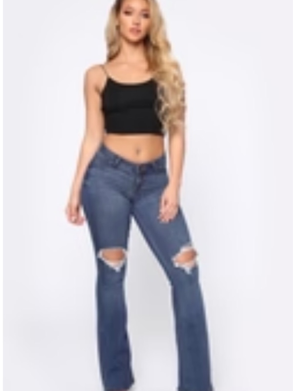 Fashion Nova Dark Blue High-Rise Distressed Flare Jeans